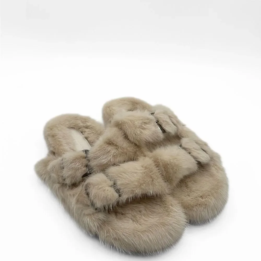 Linda Richards 100% Mink Cream Slides - Picture 1 of 7